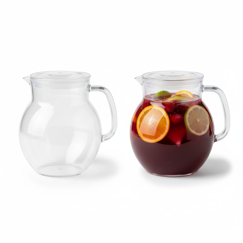 Transparent plastic juice pitchers shown empty and filled on pure white background