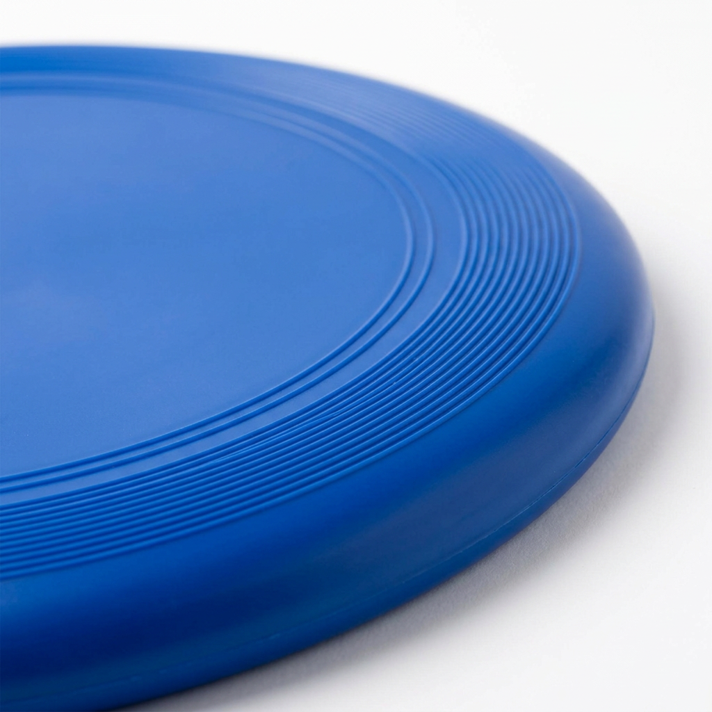 Detail close-up of outdoor flying disc contoured aerodynamic rim and concentric rings on white background