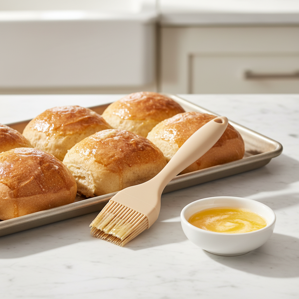 Silicone basting brush beside freshly baked dinner rolls with butter glaze on baking sheet in kitchen