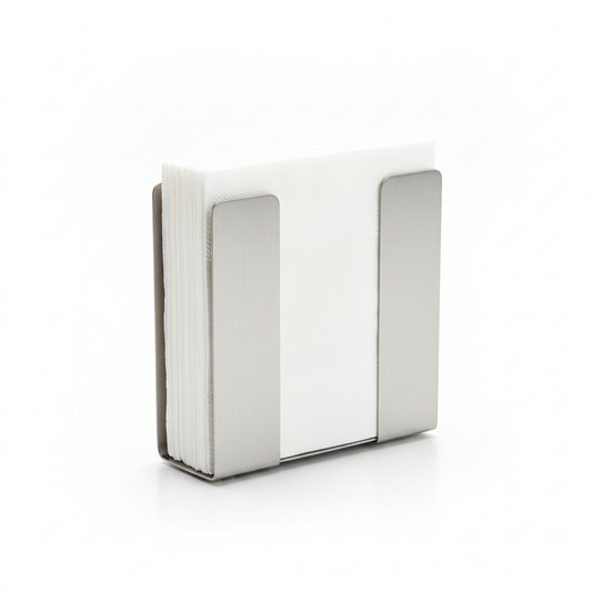 Rectangular brushed stainless steel hotel restaurant napkin holder approximately 10x10x7cm with two parallel side plates and open center slot holding neat stack of white paper napkins on white background, commercial hospitality restaurant cafe table napkin dispenser