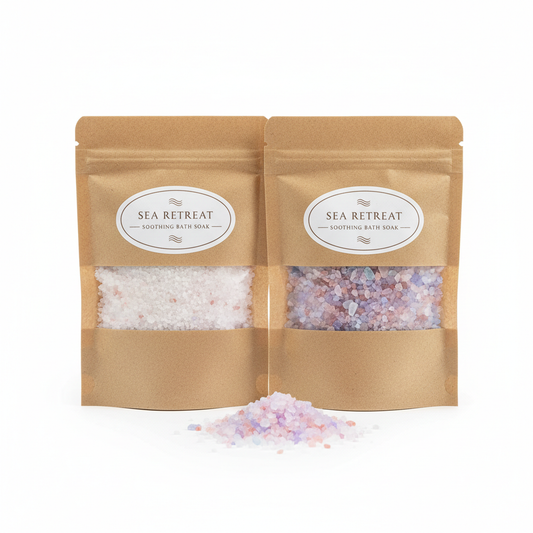 Hotel bath salt sachets in kraft paper and clear window packaging showing white and pink bath salts, one open with salts displayed, on white background, spa guest bathroom amenity