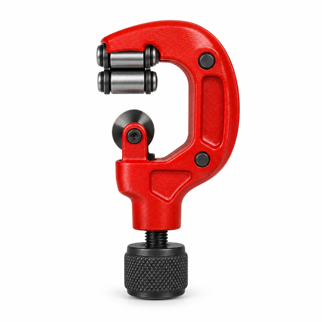 Manual tubing and pipe cutter with alloy steel cutting wheel and red cast frame on a pure white background with comfortable margins