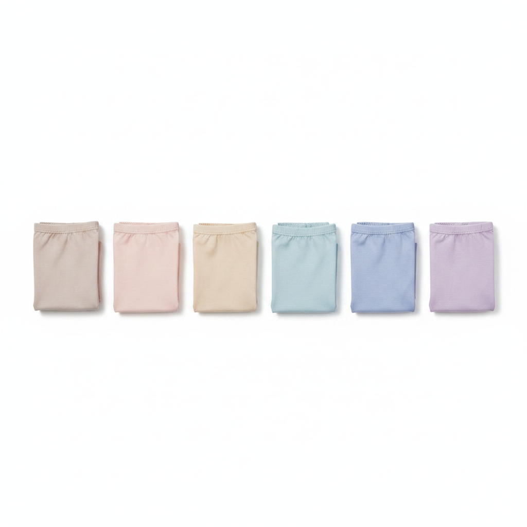 Lifestyle view of full back coverage cotton briefs folded on a clean rattan tray