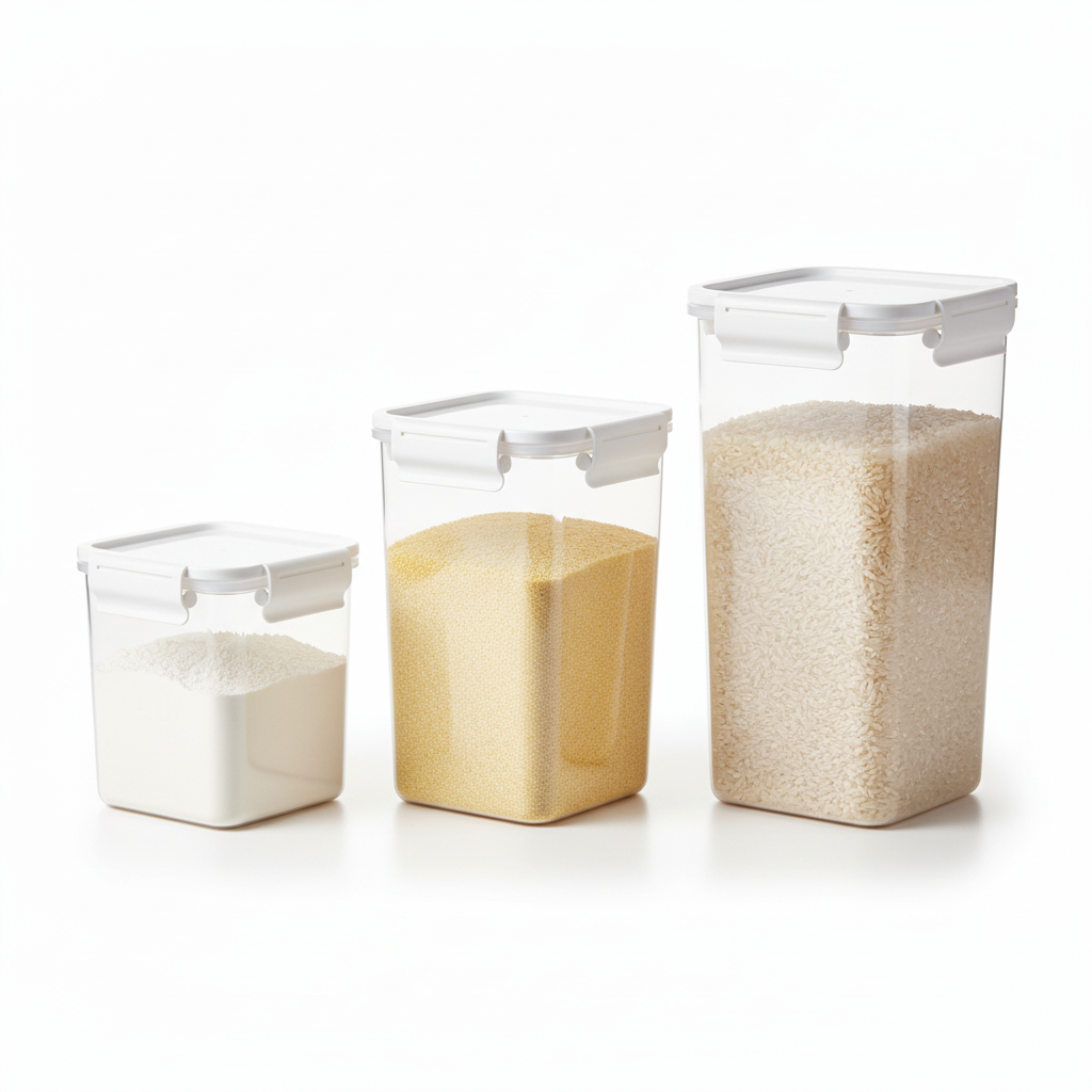 Modular airtight food storage containers in three sizes on pure white background