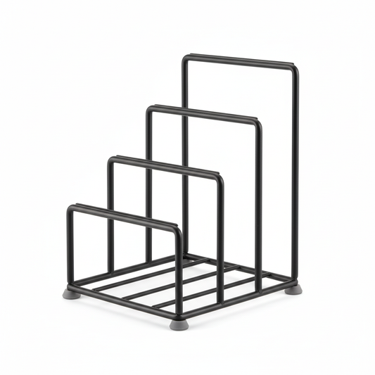 Freestanding kitchen cutting board holder stand in matte black wire on pure white background