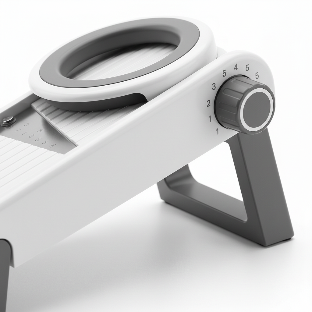 Macro detail of rotary thickness adjustment dial, folding stand, and safety food pusher guard on ramp