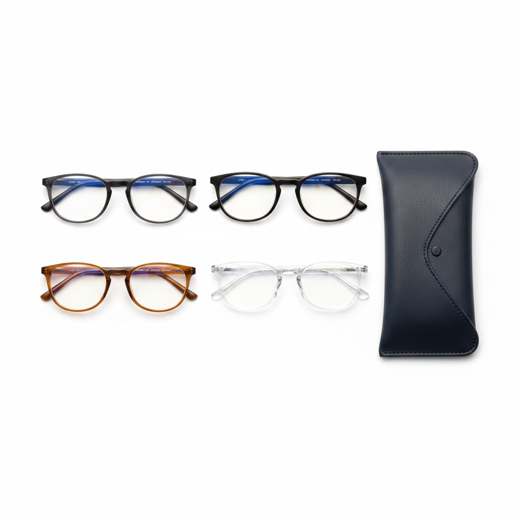 Assorted frame color options of photochromic blue light glasses on white background