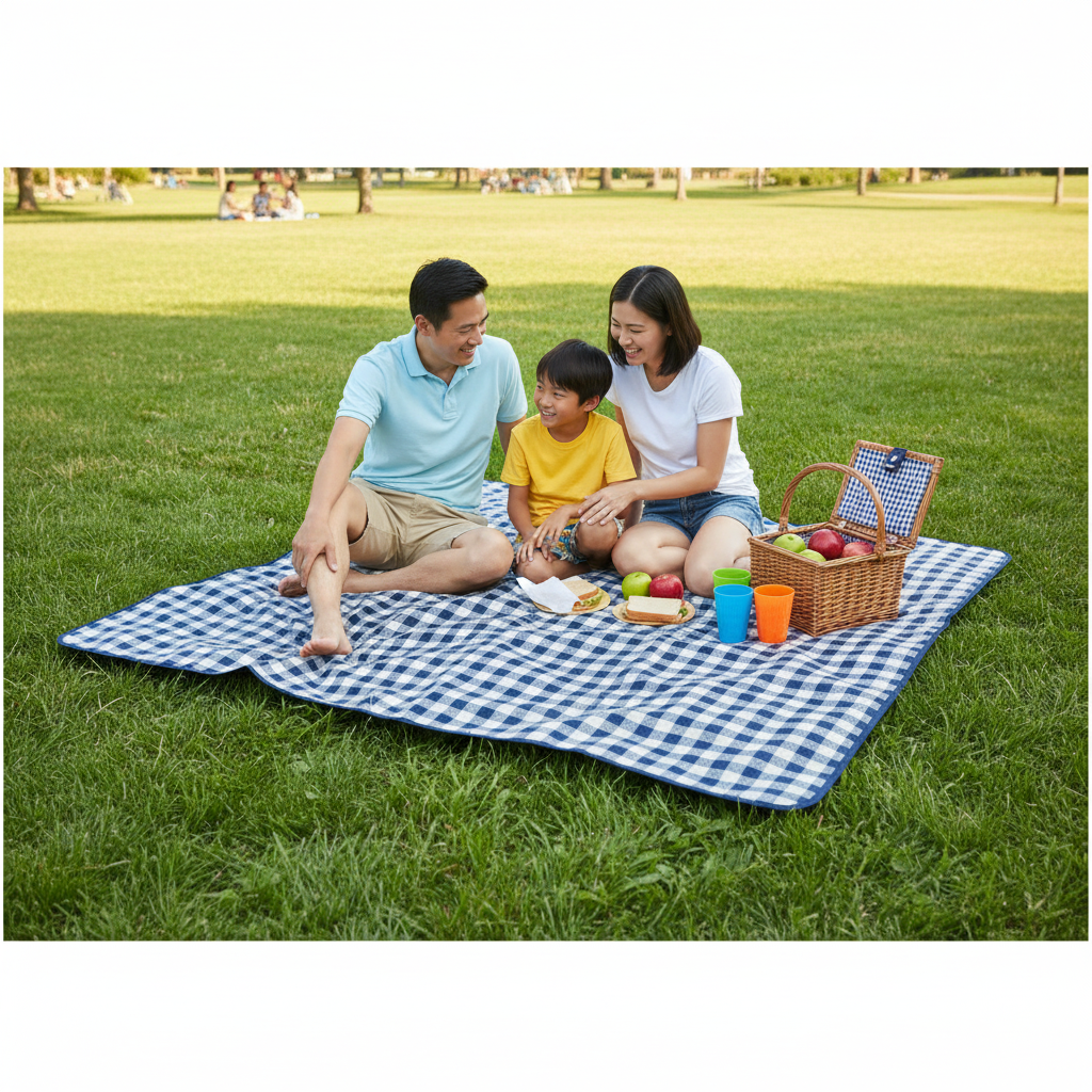 Asian family of two adults and one child enjoying a simple park picnic on the clearly visible navy blue and cream gingham blanket.