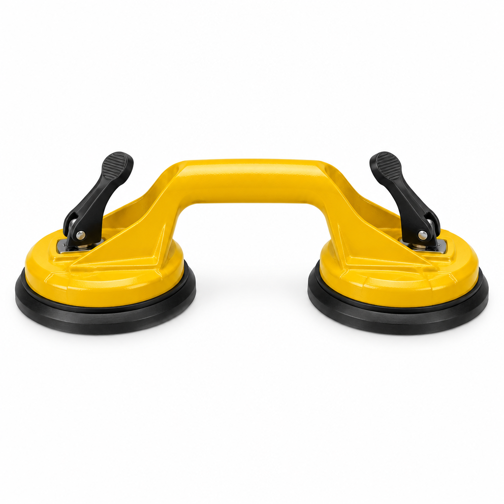 Heavy-duty double suction cup lifter in industrial yellow on a pure white background with comfortable margins