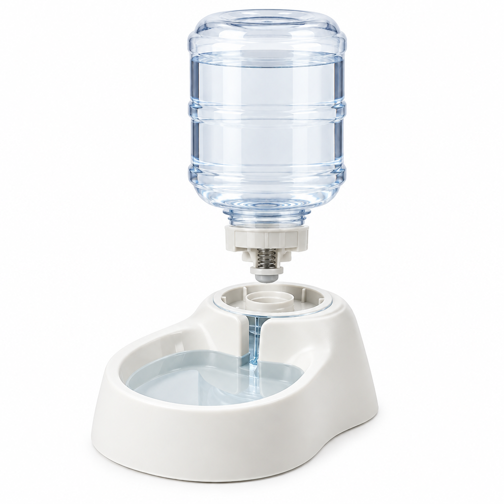 Structural assembly view of gravity pet water dispenser showing spring valve cap and base docking well