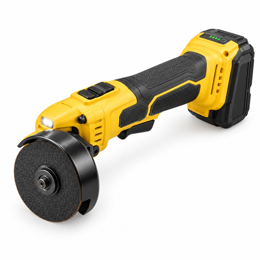 20V compact cordless 3-inch cut-off tool with steel disc guard, bonded abrasive metal cutting disc, and lithium battery on a pure white background