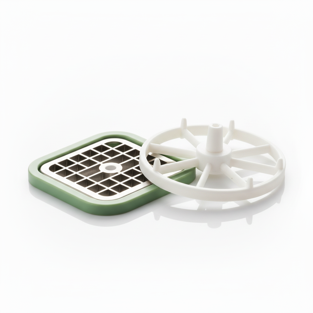 Macro detail of interchangeable stainless steel grid dicing blade insert and circular safety hand guard