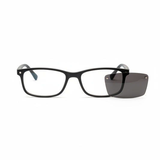 Magnetic clip-on eyewear with base frame and detachable sun lens separated on white background