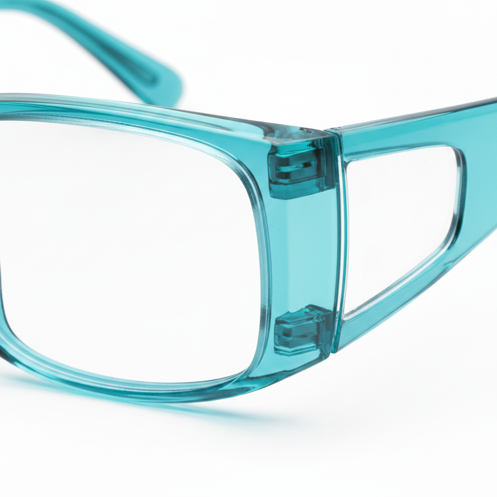 Macro detail of translucent frame edge and integrated clear side protective shield