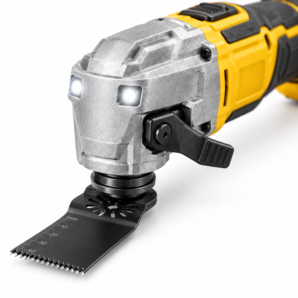 Close-up macro view of the oscillating multi-tool quick-change clamp lever, accessory interface, and bi-metal plunge saw blade on a pure white background