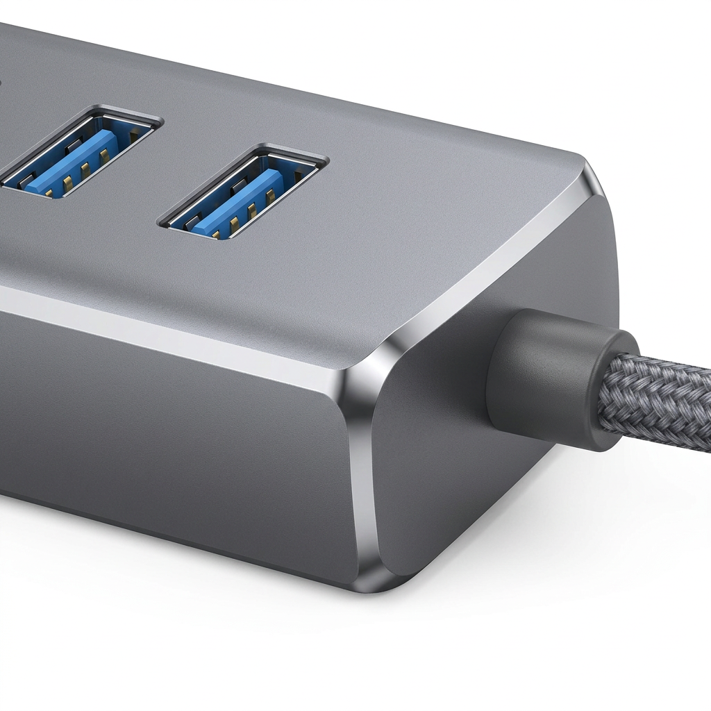 Detail close-up of USB hub showing USB-A ports with blue inserts and CNC-chamfered aluminum edge on white background