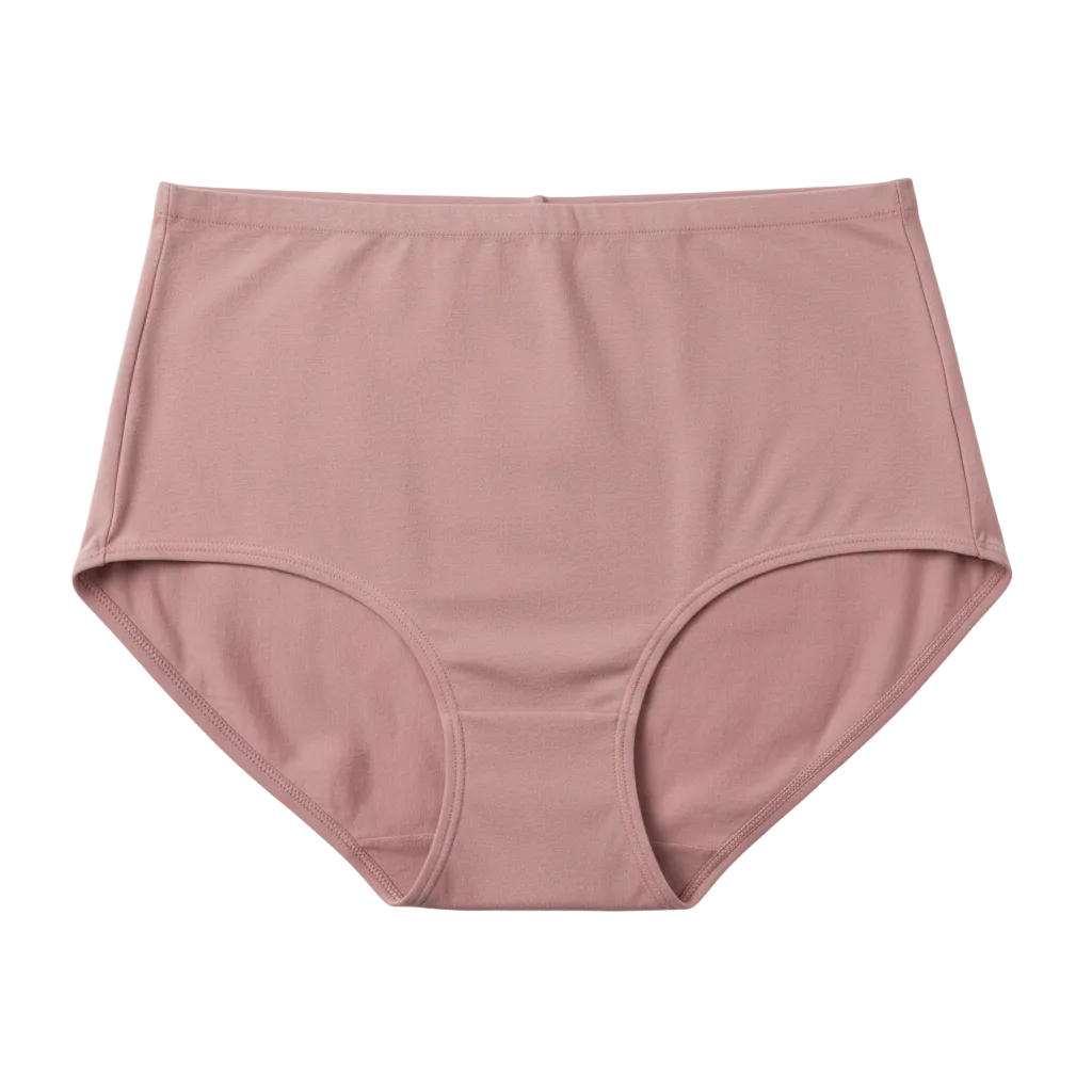 Front view of high waist extra hip coverage cotton briefs in dusty rose on white background