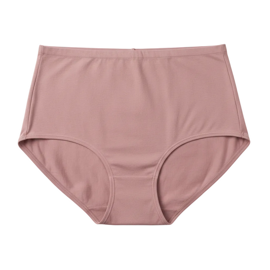 Front view of high waist extra hip coverage cotton briefs in dusty rose on white background