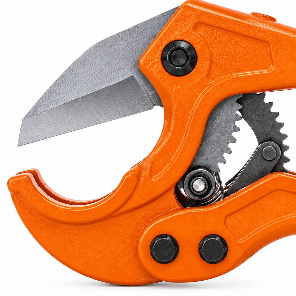 Macro close-up of ratchet PVC pipe cutter head showing steel wedge blade, ratchet gear teeth, and curved lower support jaw