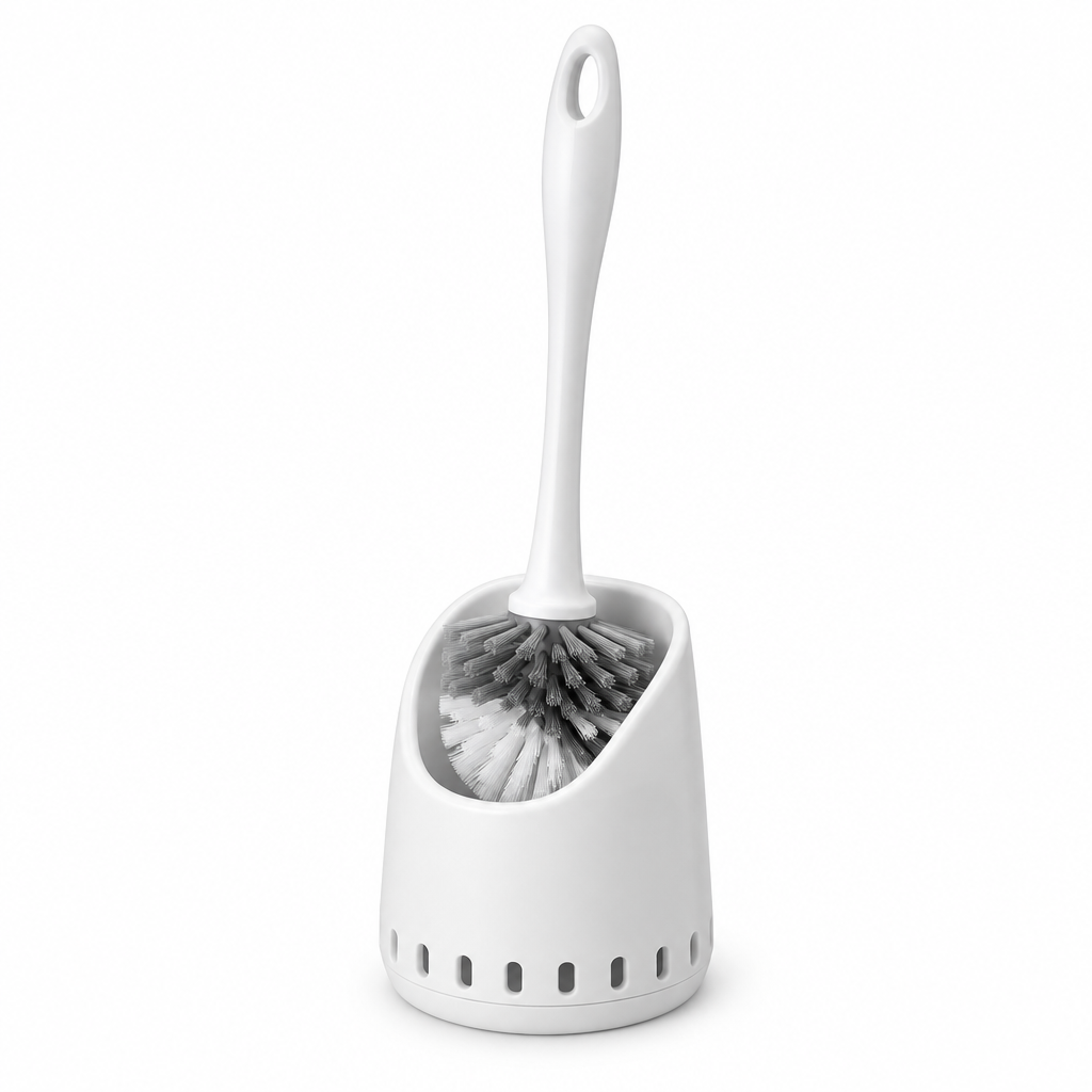 Toilet bowl brush set with white ergonomic handle, dense bristles, and ventilated holder on white background
