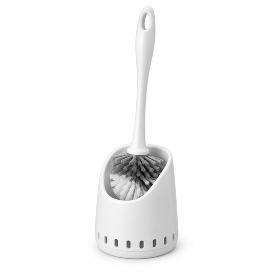 Toilet bowl brush set with white ergonomic handle, dense bristles, and ventilated holder on white background
