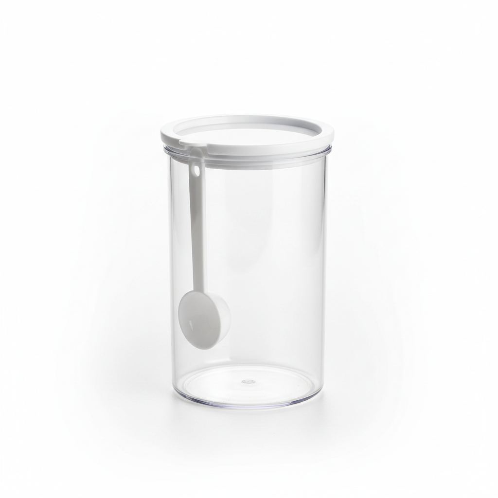 Cylindrical clear food storage container with integrated spoon lid on pure white background