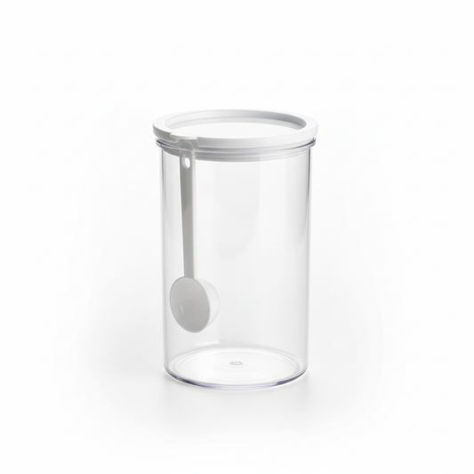 Cylindrical clear food storage container with integrated spoon lid on pure white background