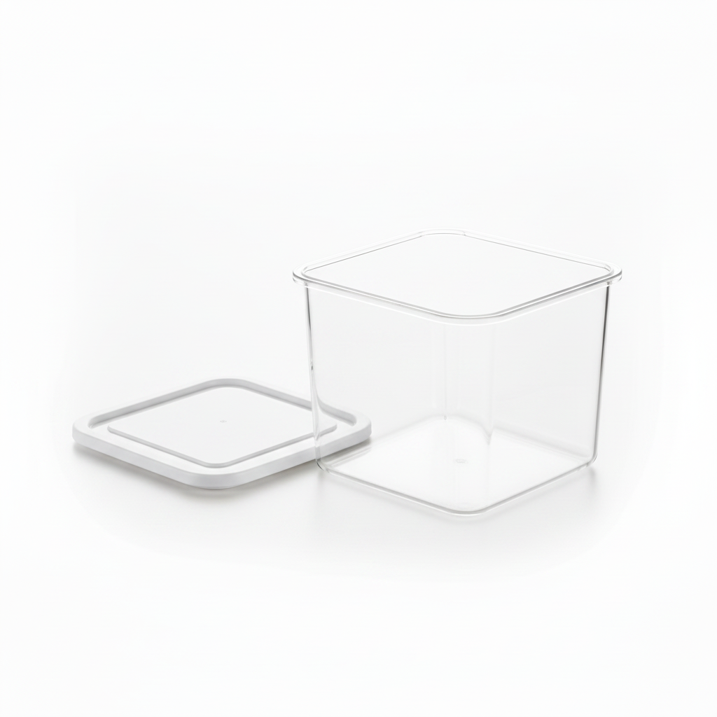 Straight-sided clear food container open with white lid resting beside it on pure white background