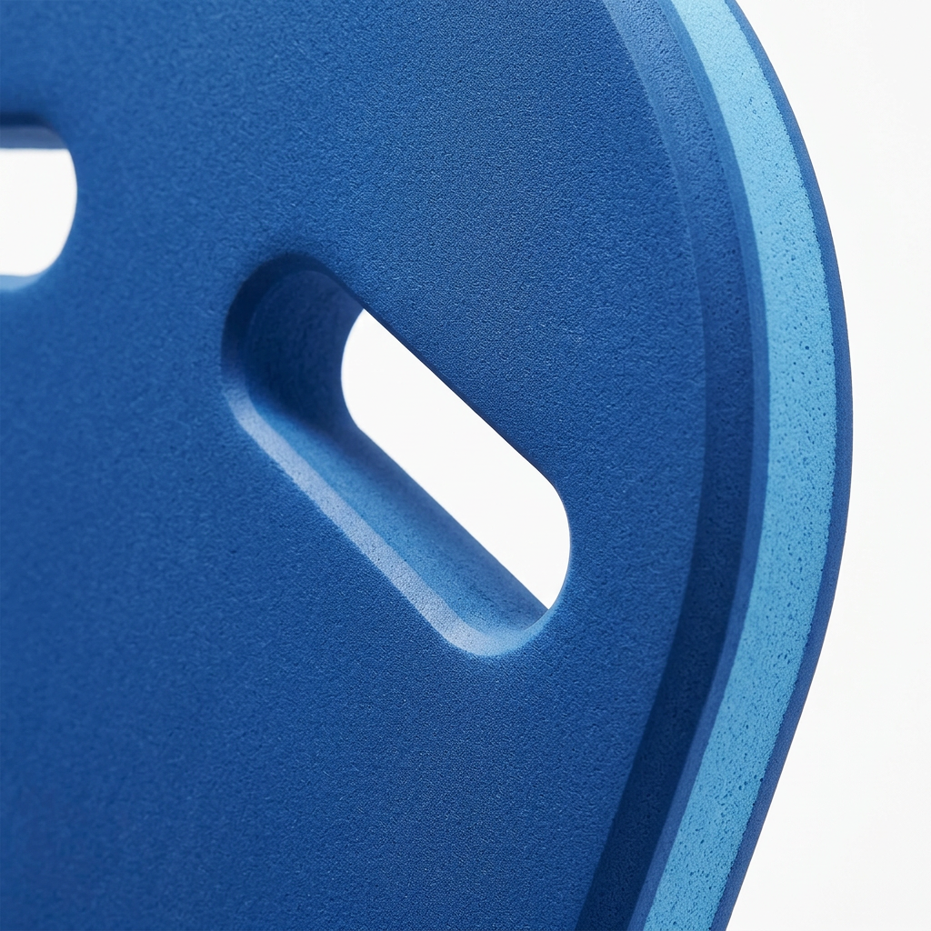 Detail close-up of swimming kickboard cutout handle grip and high-density EVA foam on white background