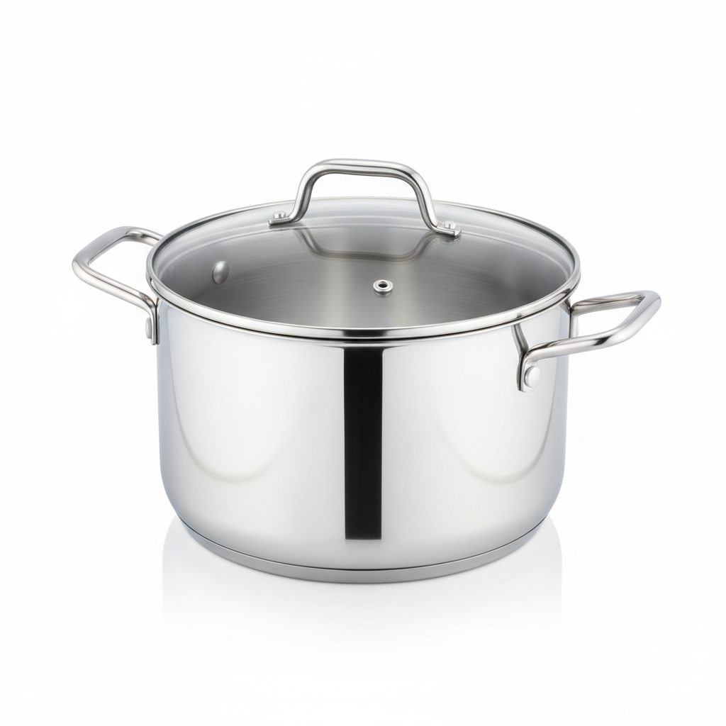 Stainless steel multipurpose cooking pot with tempered glass lid on pure white background