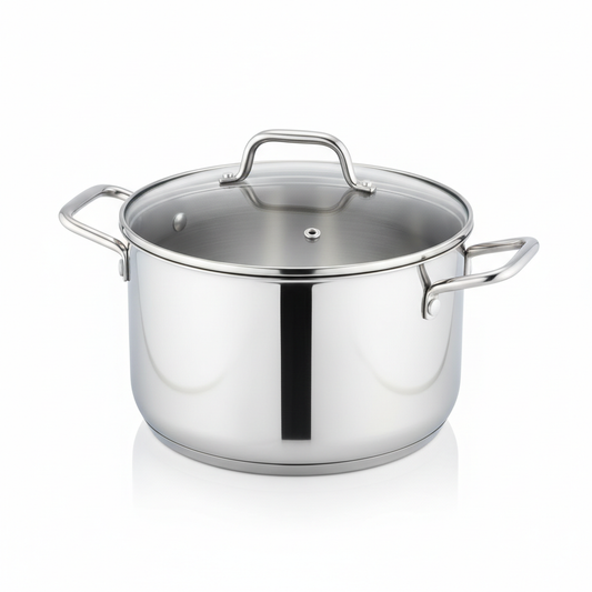 Stainless steel multipurpose cooking pot with tempered glass lid on pure white background