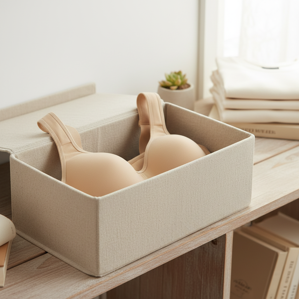 Lifestyle view of full coverage bra folded in a linen storage box