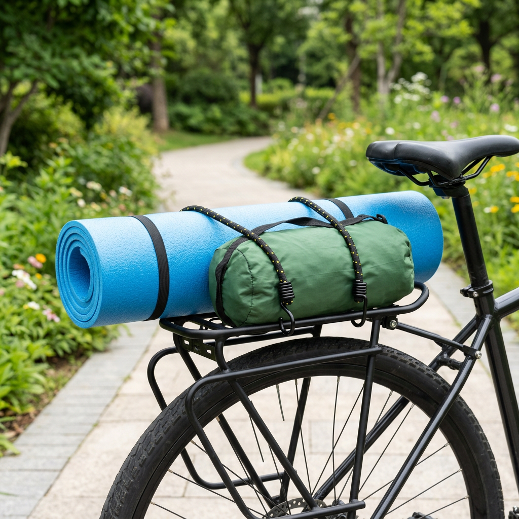 Heavy-duty elastic bungee cord securing lightweight camping mat and gear pouch onto a bicycle rear rack in daylight