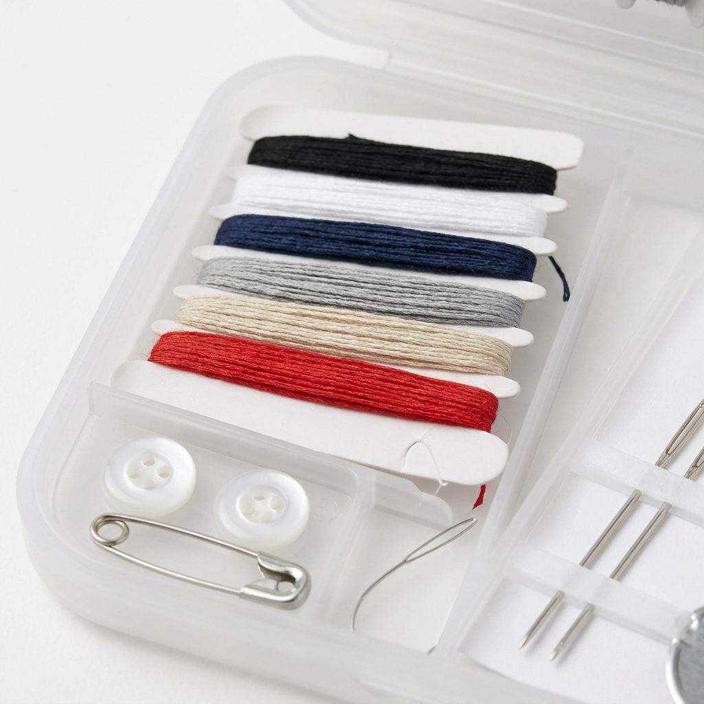 Detail close-up of mini sewing kit internal compartments showing thread bobbins, shirt buttons, safety pin, and needles on white background