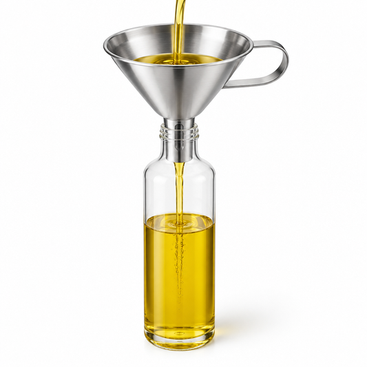 Stainless steel kitchen funnel transferring cooking oil into glass bottle on pure white background