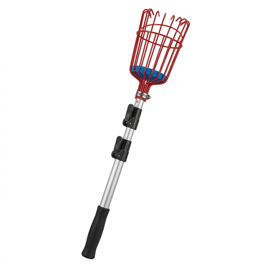 Single complete telescopic fruit picker pole with red wire basket, blue foam cushion pad, and flip-cam lock collars on pure white background