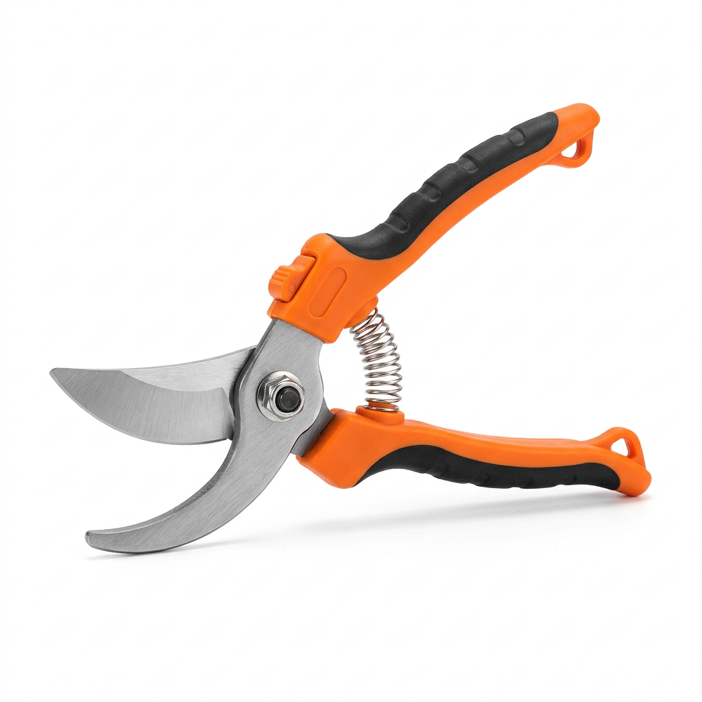 Single garden pruning shears shown in open position with curved bypass steel blade, center pivot, return spring, and ergonomic handles on pure white background