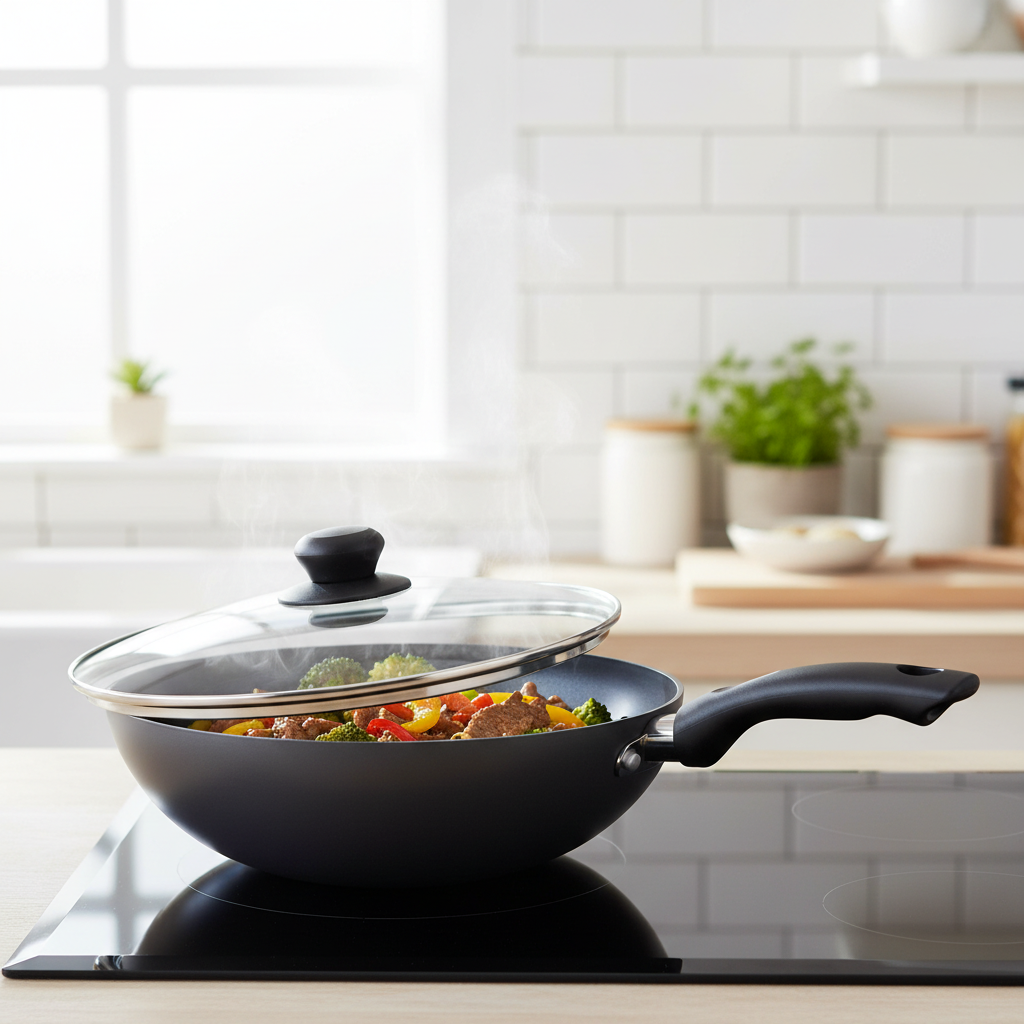 Non-stick wok with glass lid lifted, stir-frying beef and vegetables on a modern cooktop.