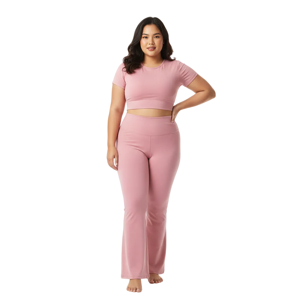 Thai model wearing dusty rose flare yoga pants front view