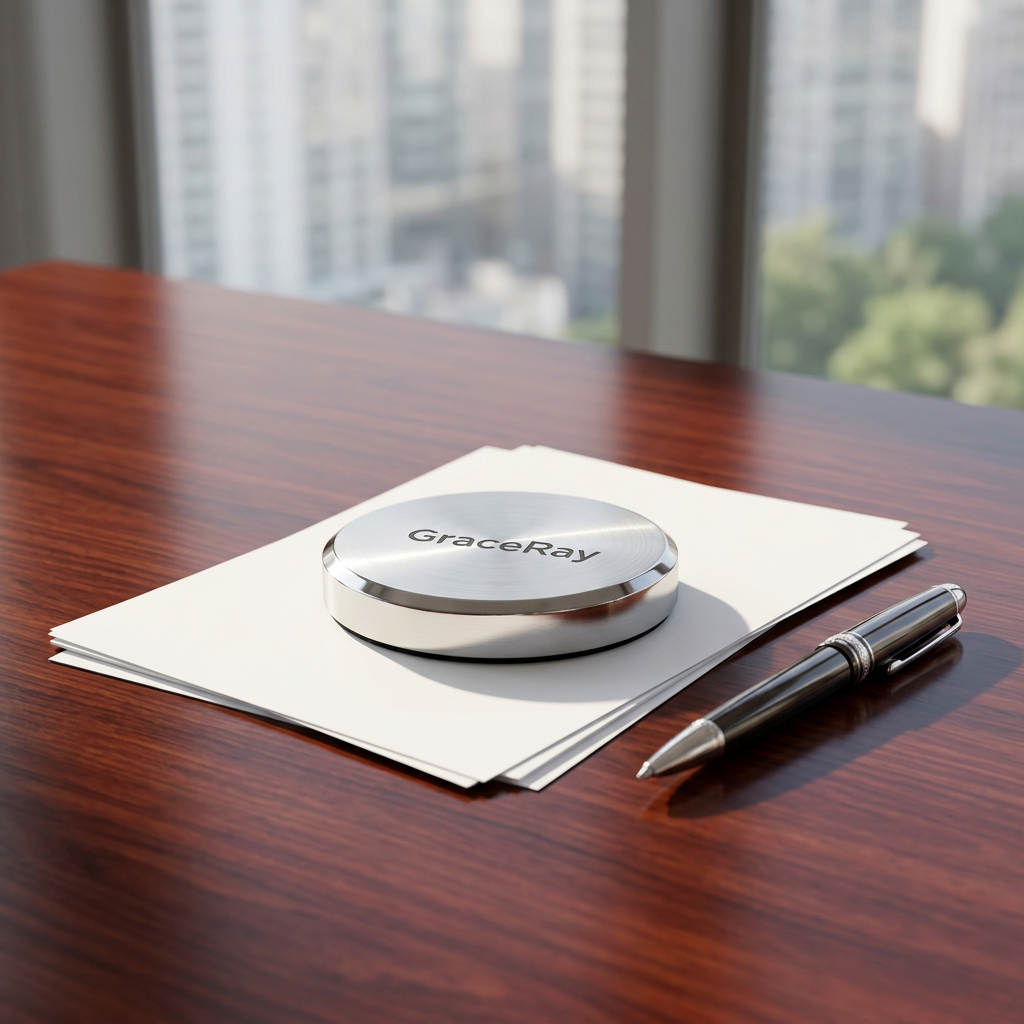 Custom solid metal paperweight holding down business documents on an executive mahogany desk