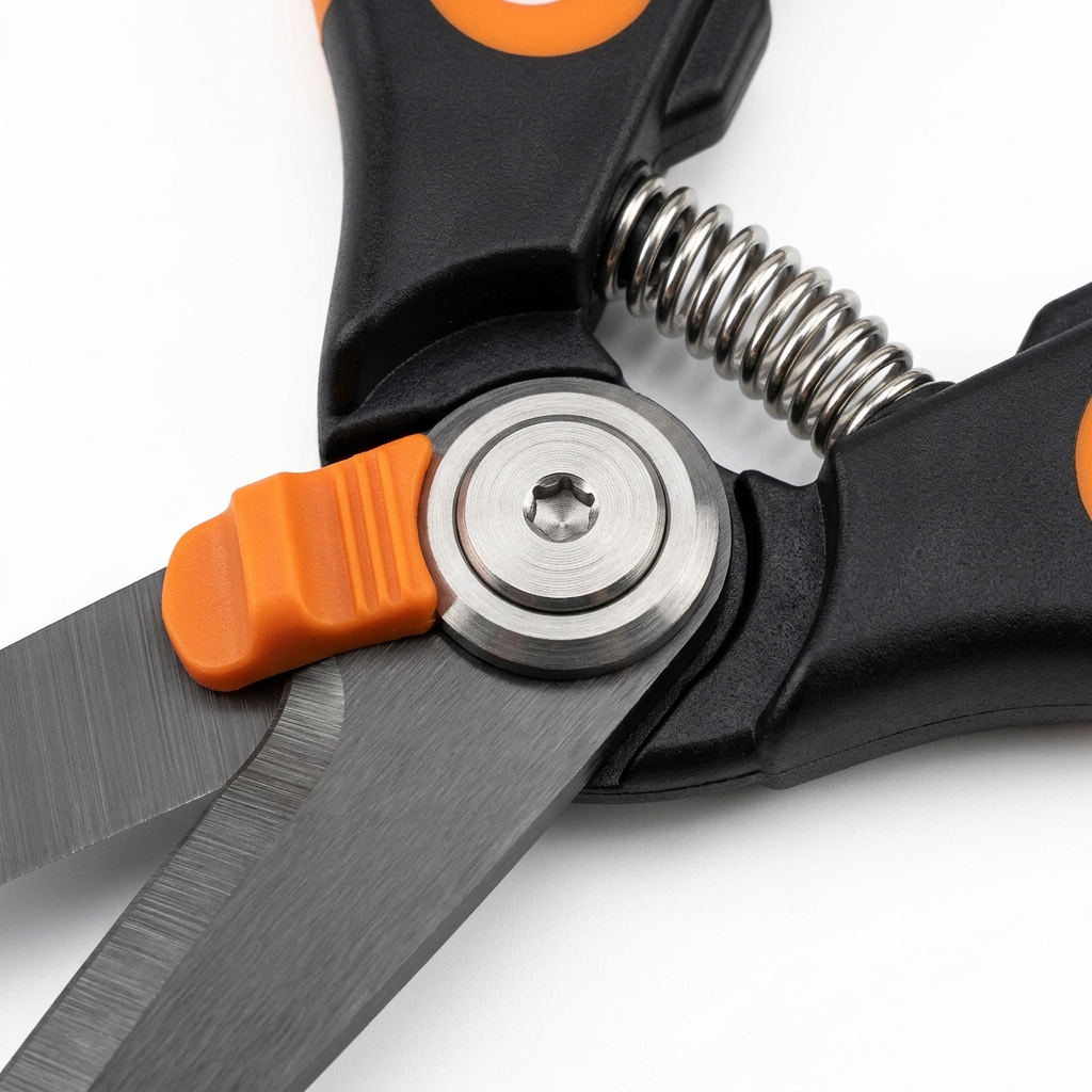 Macro close-up detail of manual grass shears central pivot screw, orange safety lock catch, internal spring, and carbon steel blades on pure white background