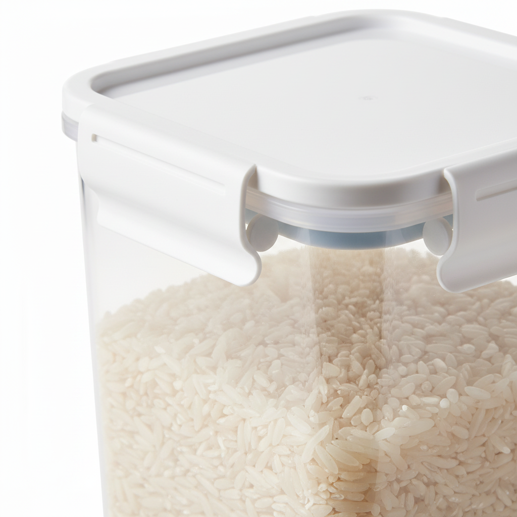 Close-up of locking clamp latch and silicone gasket on airtight food storage lid