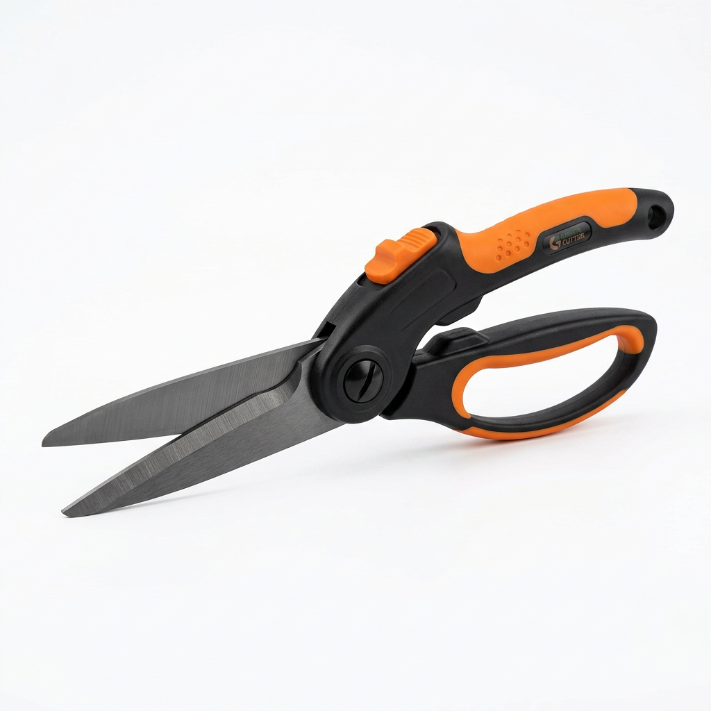 Standard manual grass shears with horizontal cutting blades, top thumb safety lock, and ergonomic D-loop handle on pure white background