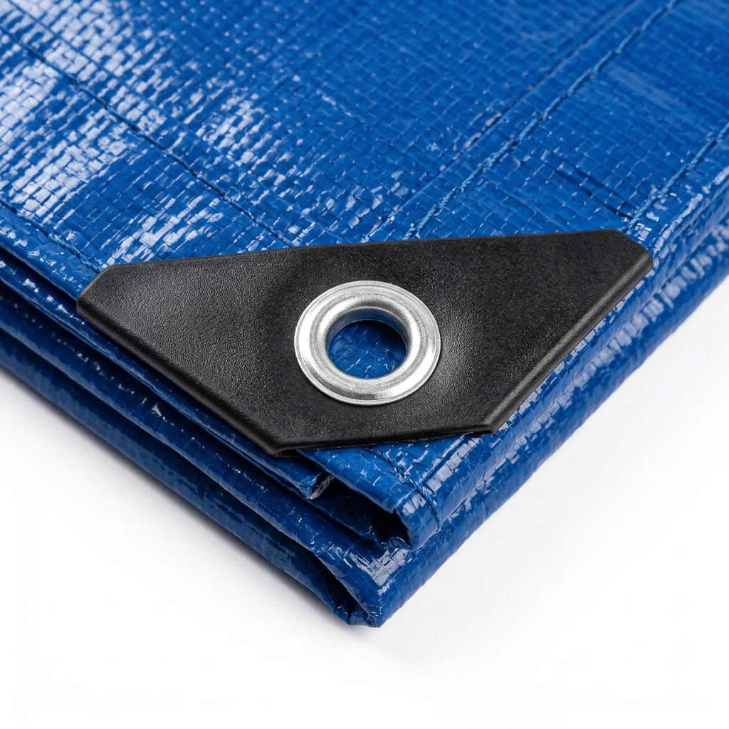 Macro close-up detail of PE tarpaulin reinforced corner showing black triangular patch, aluminum grommet, and rope-hem on pure white background