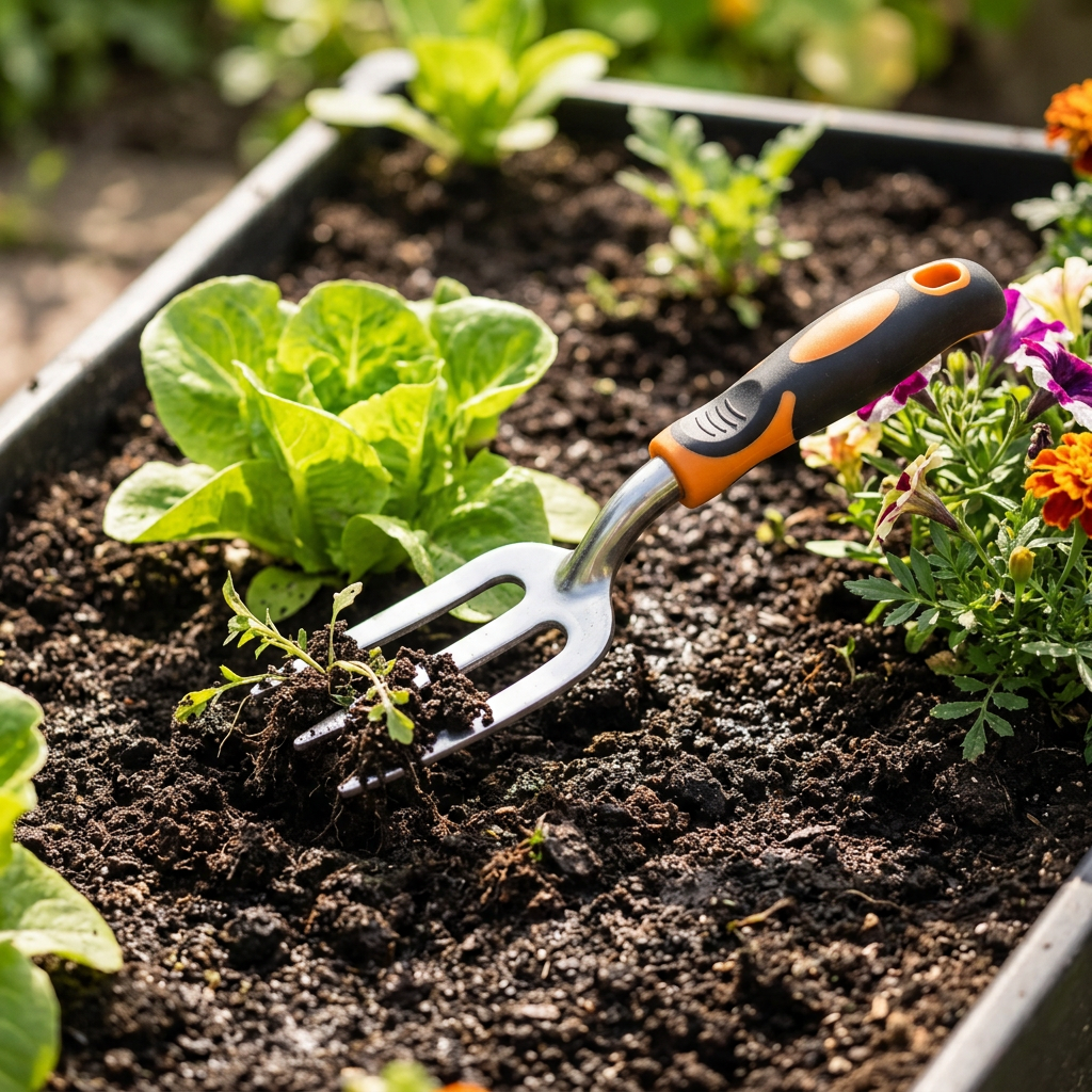 Garden hand fork lifting small weeds and loosening soil around plants in a garden bed