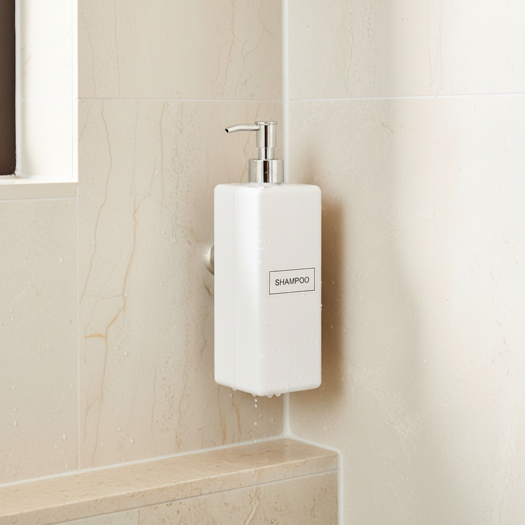 Refillable hotel shampoo dispenser mounted on white shower wall with natural stone tiles, Southeast Asian mid-range hotel bathroom installation