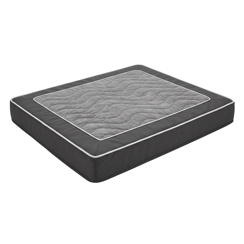 Memory foam dog bed showing thick rectangular mattress profile and quilted sleeping surface on pure white background