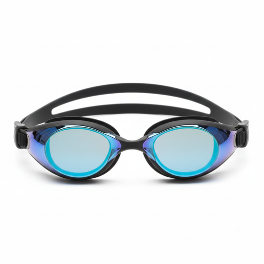 Swimming goggles with blue mirrored lenses and adjustable silicone strap on white background