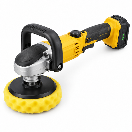 20V cordless rotary buffer polisher with D-handle, M14 spindle, 6-inch waffle foam polishing pad, and lithium battery on a pure white background