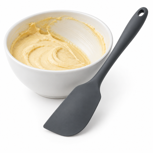 Dark grey seamless one-piece silicone kitchen spatula beside ceramic mixing bowl with cake batter on pure white background